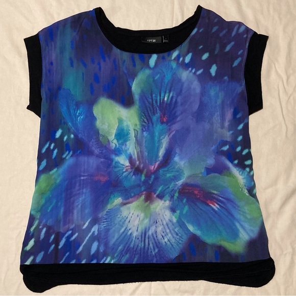 Apt. 9 Iris Print Blouse | cap sleeves | Flowy Front + Black Knit Back - Picture 1 of 9